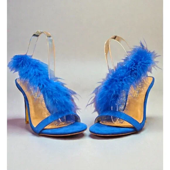 Blue Feather High Heel Slingback Open Toe Sandals - Picture 2 of 8